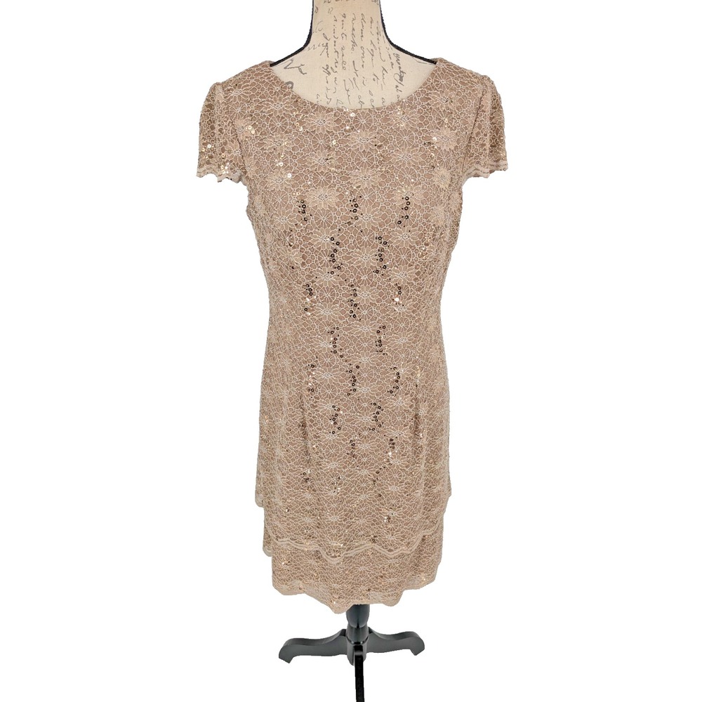 Alex Evening Dress 10 Beige Lace Sheath Sequins Mother of Bride Tiered